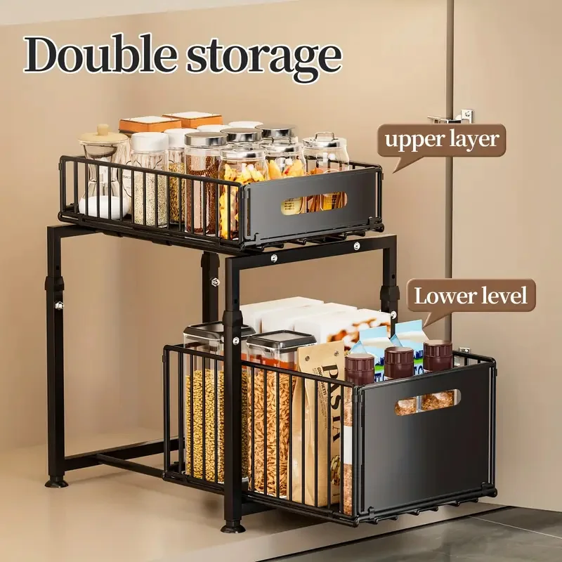 Support de rangement pour comptoir de cuisine à 2 niveaux, armoire coulissante réglable, panier de rangement sous l'évier, organisateur, étagère de rangement pour pots à épices