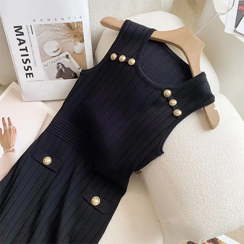 Damskie Sukienki Letnie Bez Rękawów Vintage Moda Cienka Dzianina Elegancka Wygodna Szykowna Sukienka Zapinana na Guziki