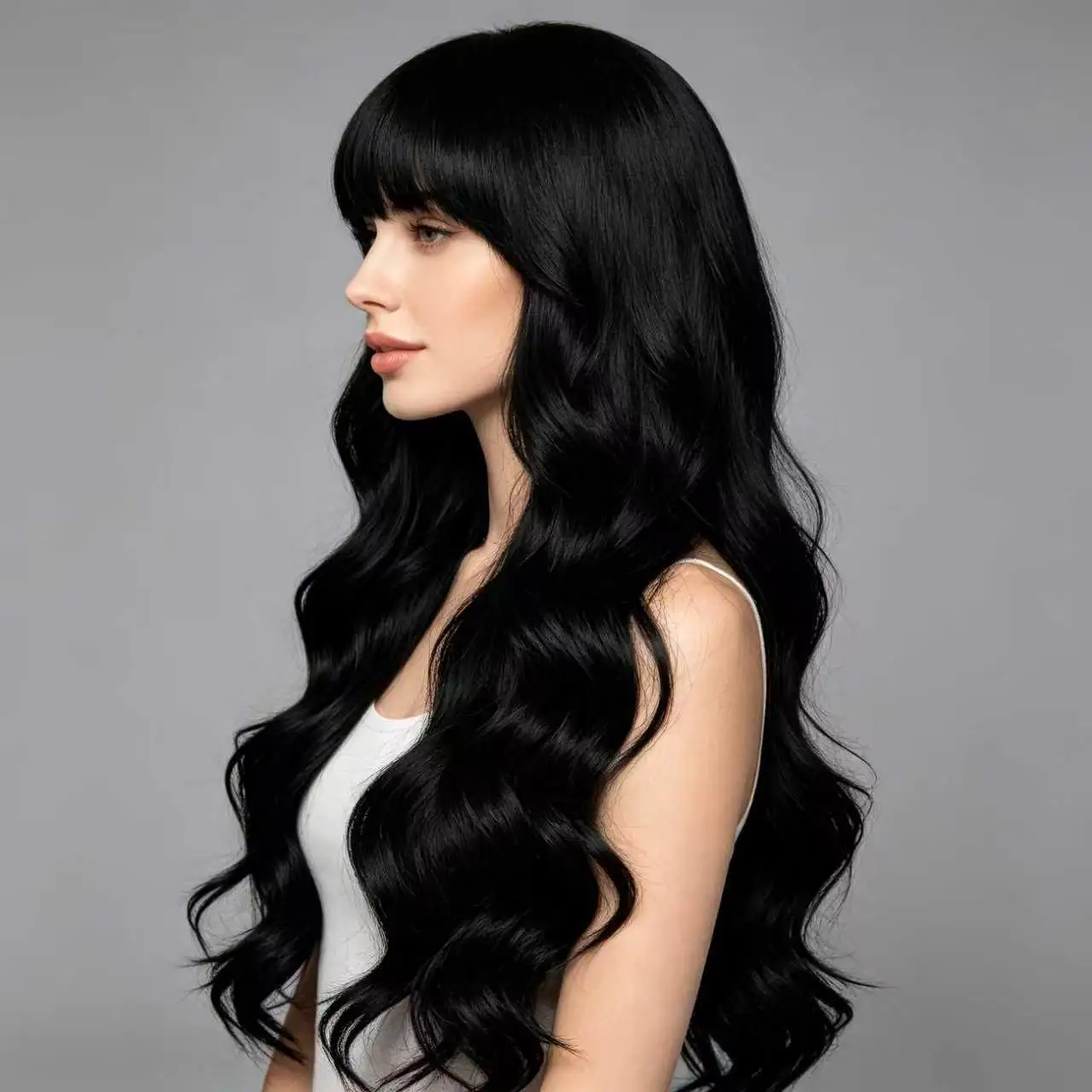 28-inch women’s synthetic black wavy fringe wig, for everyday wear, parties and cosplay