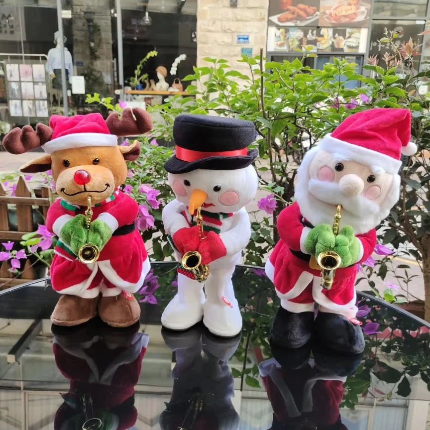 

Christmas Electric Music Swaying Snowman Figurine Santa Claus Saxophone Cartoon Figurine Christmas Plush Electric Dancing Doll