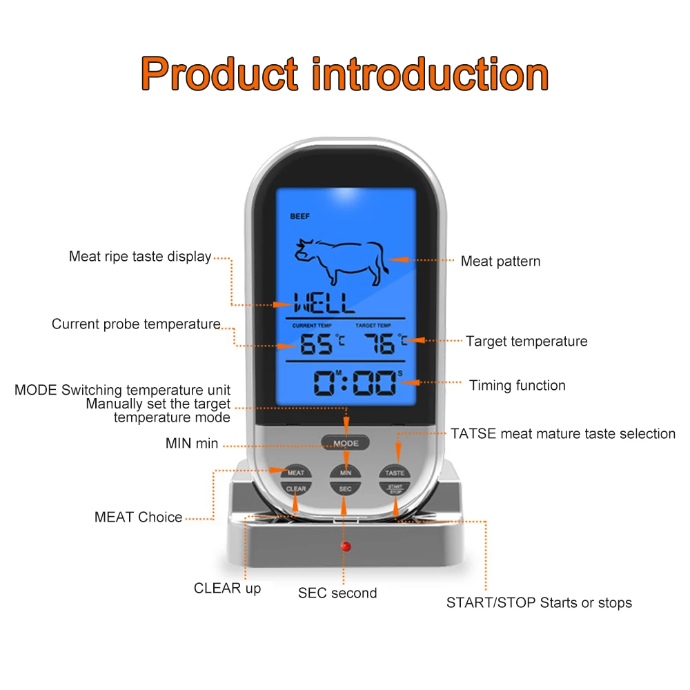 Meat Thermometers LCD Digital Probe Remote Wireless Home Cooking Tools BBQ Grill Kitchen Remote Control Thermometer with Timer