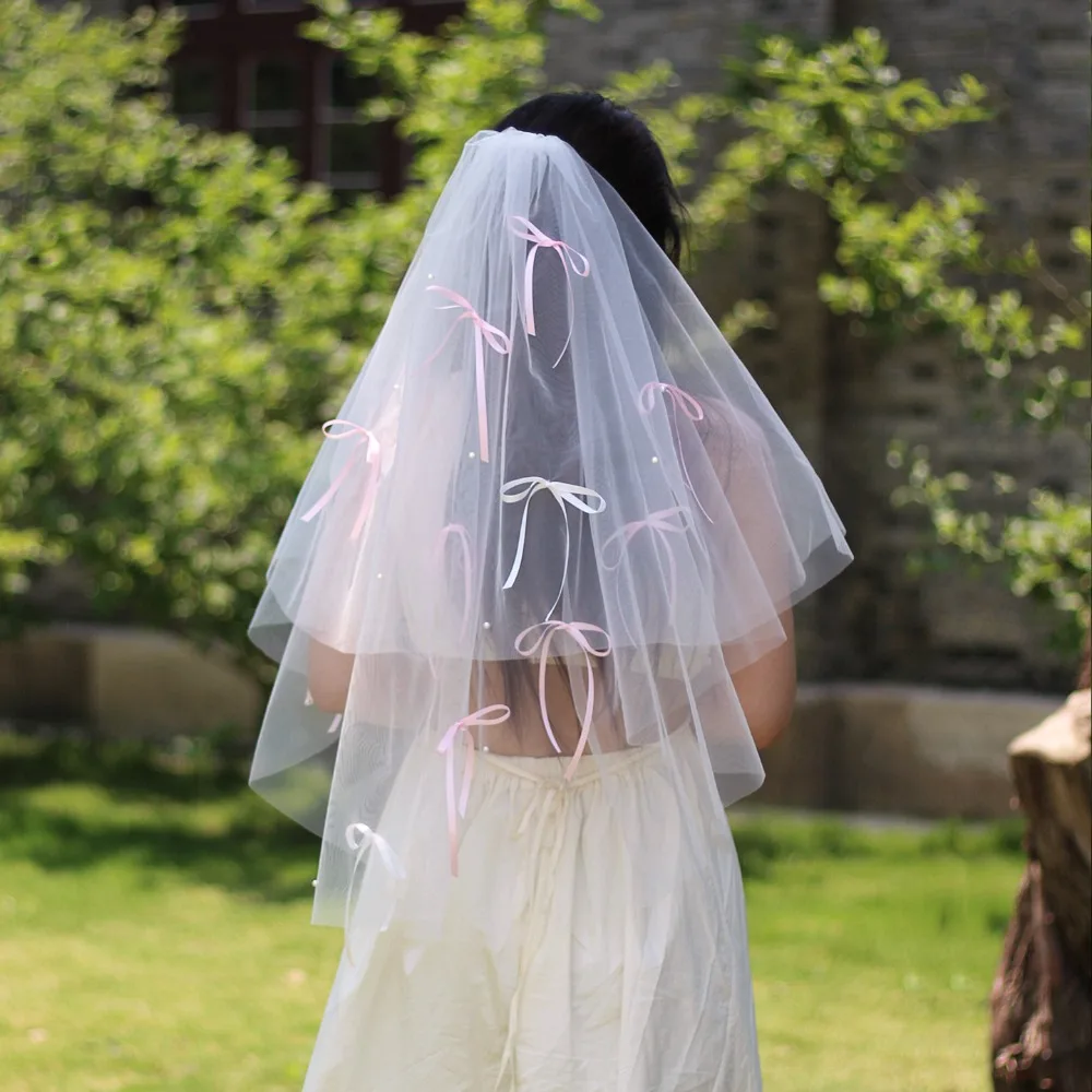 

Soft Tulle Bridal Marriage Elegant for Women Two Layer Short Wedding Bow Veil with Comb Accessories