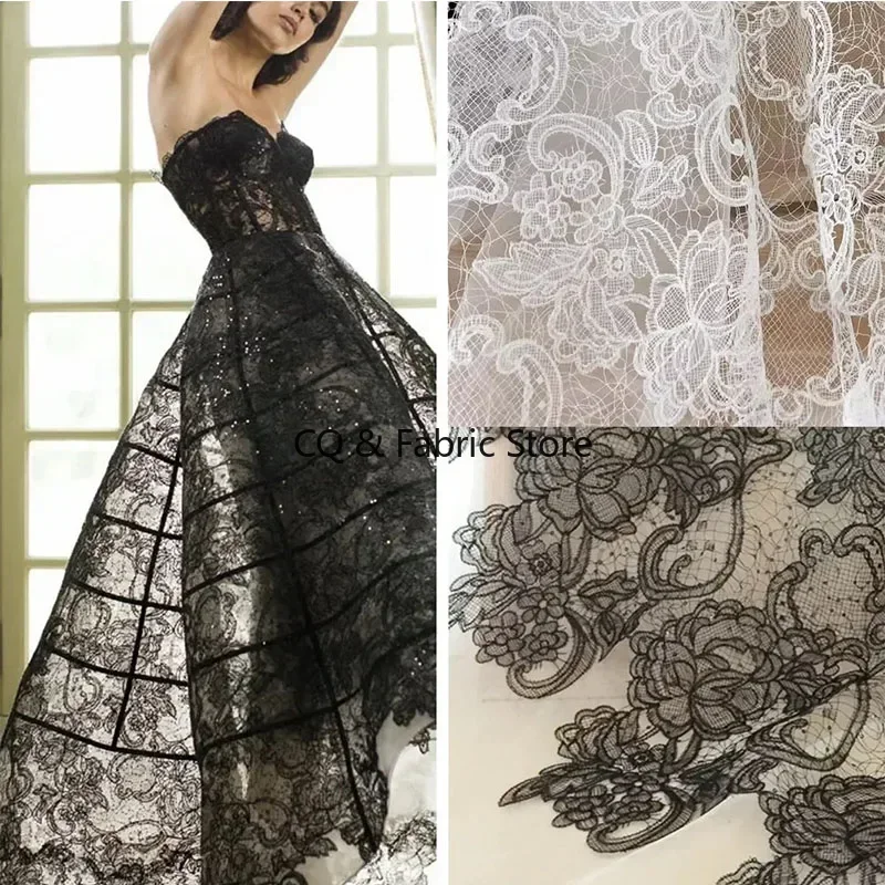 

White Black Large Flower Embroidery Mesh Lace Fabric for Wedding Evening Dress Designer Fabric Sewing Accessories