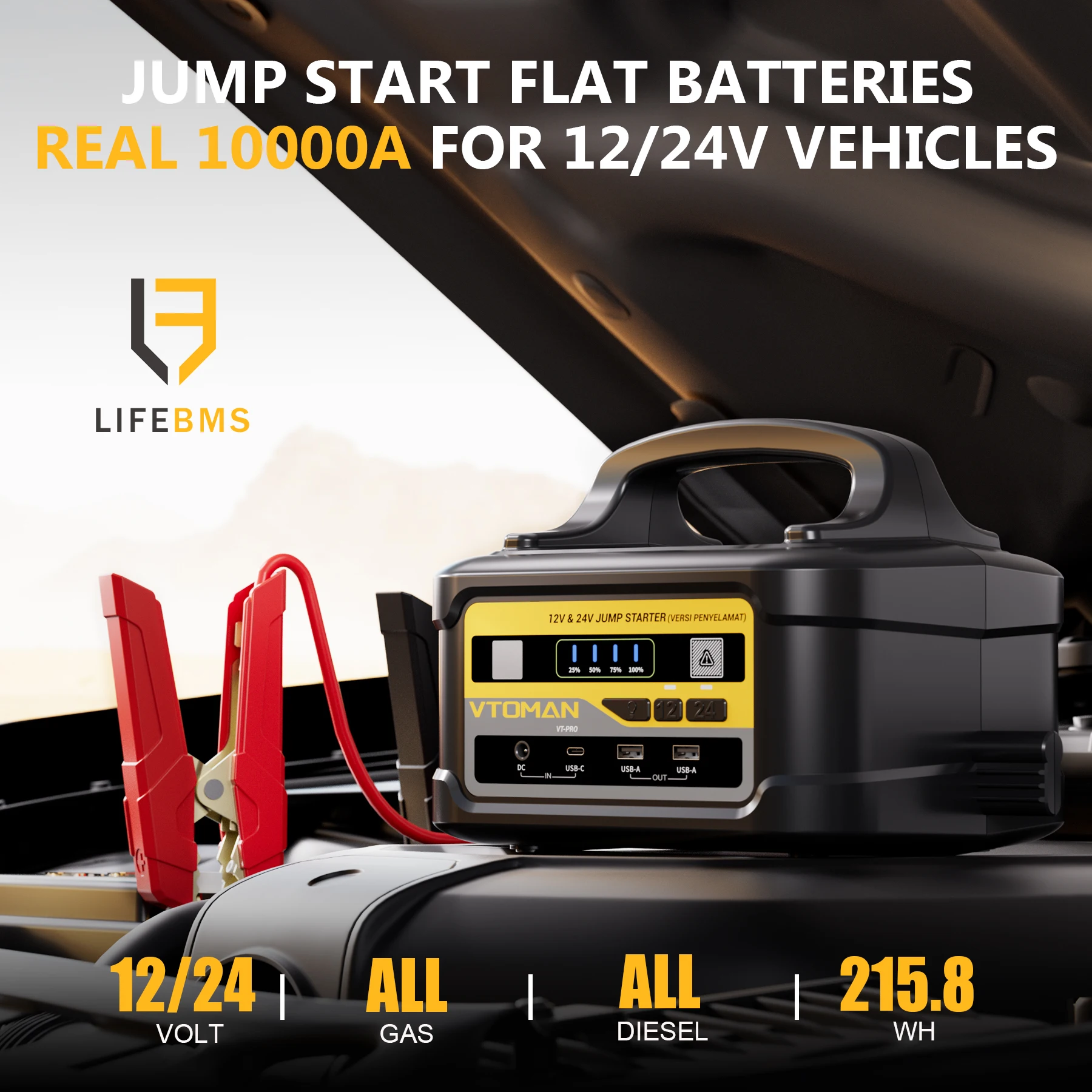 VTOMAN Starthilfegerät 58800mAh 12V/24V Tragbares Hochleistungs-Powerpack Leistungsstarker Autobatterie-Booster für Alle Benzin- und Diesel-Fahrzeuge