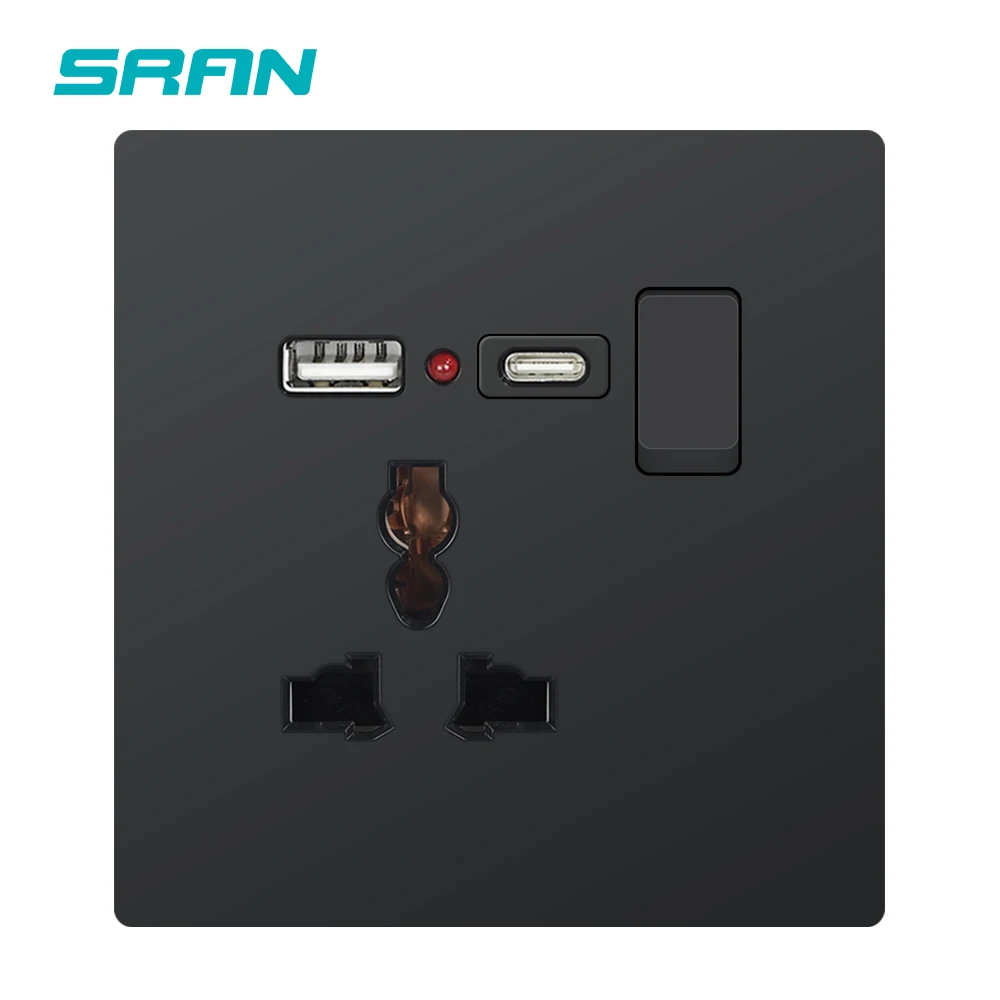 SRAN Wall Electrical Socket and Switch UK 3pin plug 13A, 86*89/146mm Plastic Panel, Universal Electrical Outlets with usb