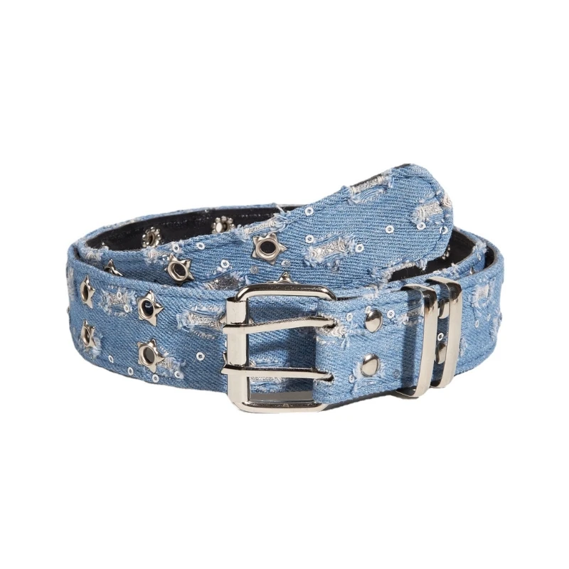 Double Pin Buckle Belts Washed Denim Design Adjustable Waist Straps