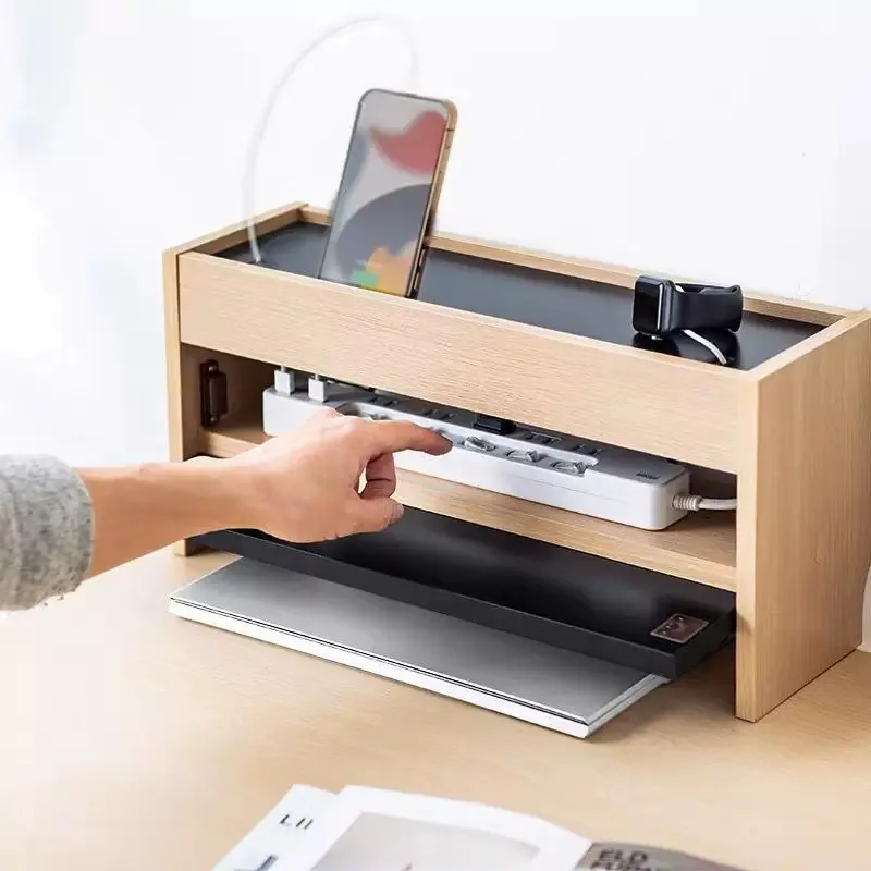Multi-Tier Desktop Organizer Rack Office Stationery Stand Living Room Debris Storage Rack Solid Wood Socket Wire Hidden Box