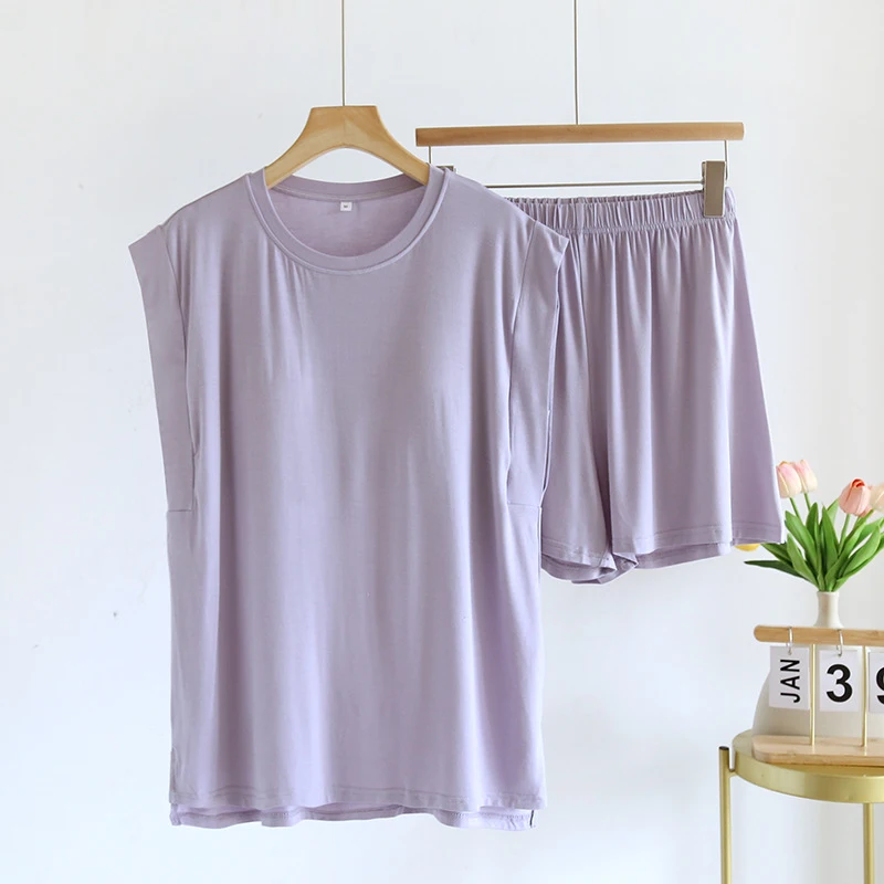 2pcs Women's Pajama Set Simple Daily Style Modal Fabric Built-in Chest Pads Sleeveless Top & Shorts Cool Lightweight Loungewear