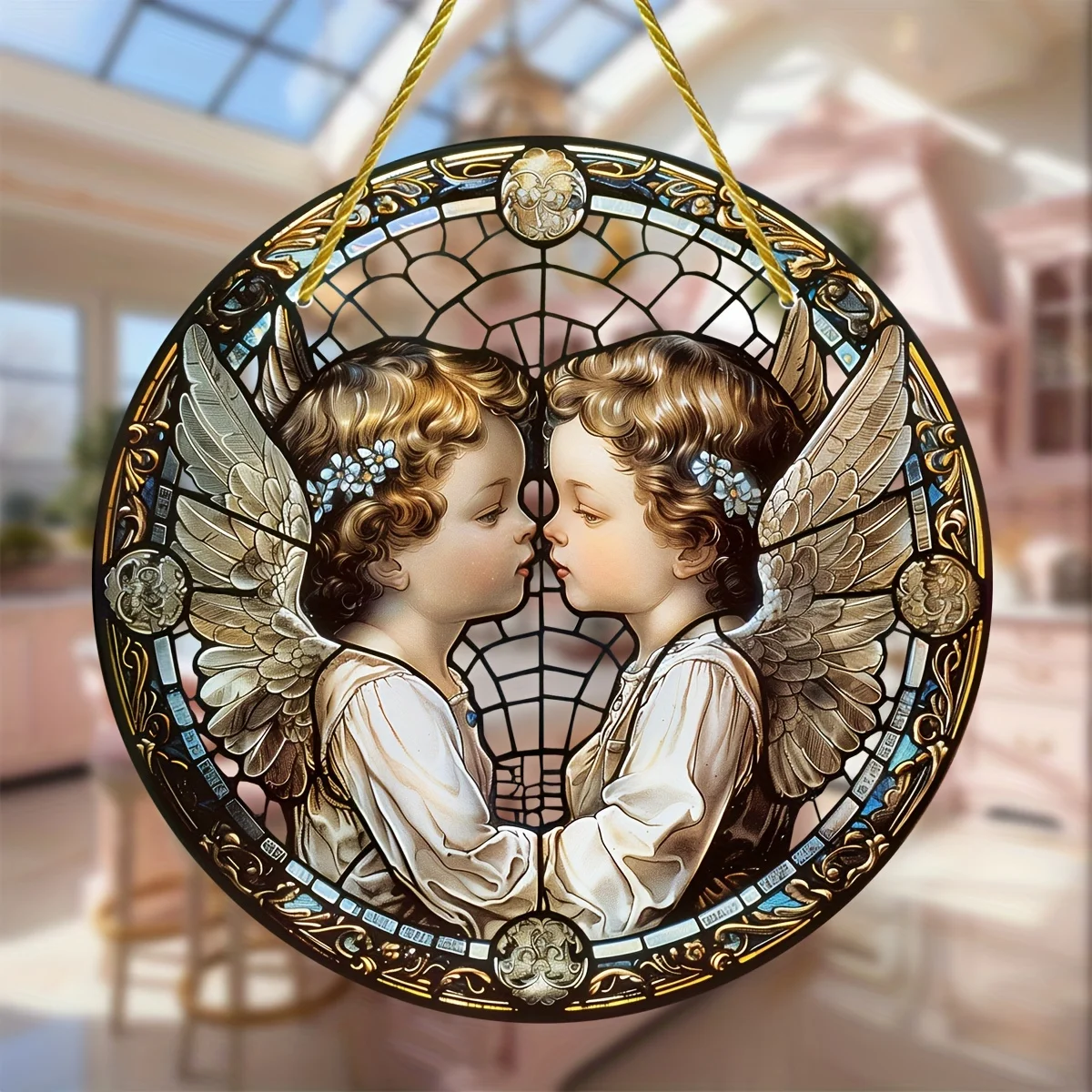 [Magical Acrylic]Angel Twins Tinted Window Hanging Light Catcher,Round Acrylic Sign,Home,Room,Birthday Gift For Friends