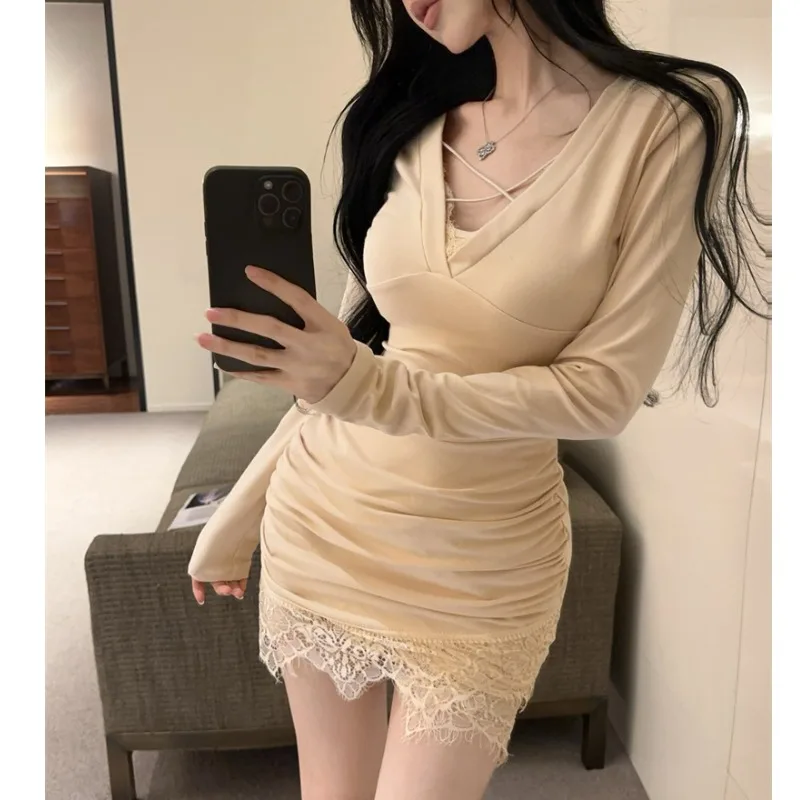 

Pure Desire Cross V-ne Slim Fit Lace Wrap Bodycon Dr Осень Зима Новый Sle Высокая Талия Хлопок Длинный Свек ort Dr