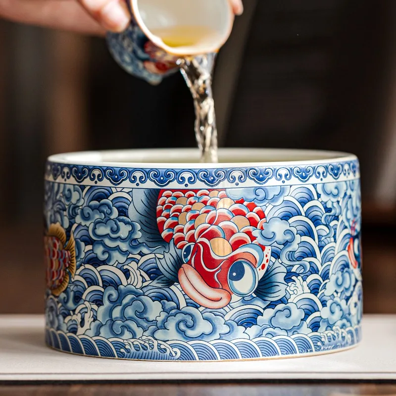 

Plant gray arowana blue and white large tea washing household ceramic waste water tea residue tank washing cup tea tank