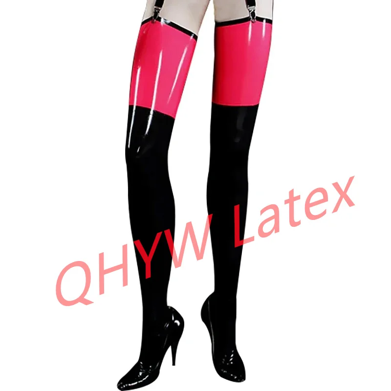 Black and Rose Red Sexy Long Rubber Latex Thigh High Stockings