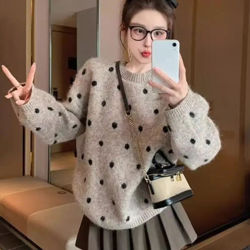 

Women's Sweater New Pullover Knitwear Woman Clothes Tops Fashion Y2K Kawaii Warm Polka Dot Loose Long Sleeve Casual Daily Wear