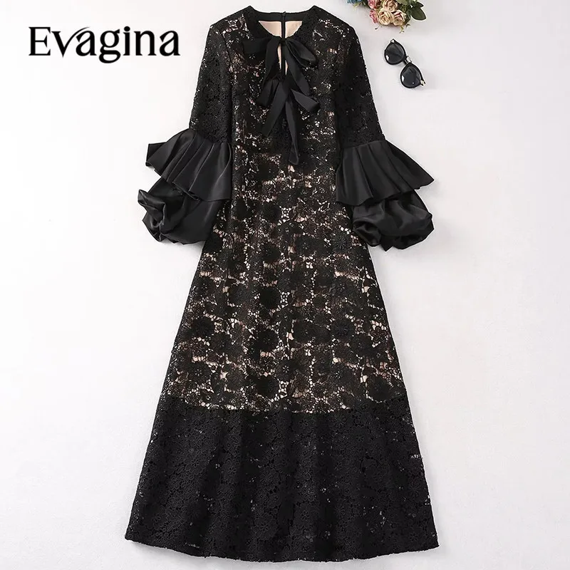 

Evagina New Fashion Runway Designer Women's Round Neck Bow Water Soluble Flower Hook Flower Hollow Lantern Long-Sleeved Dress