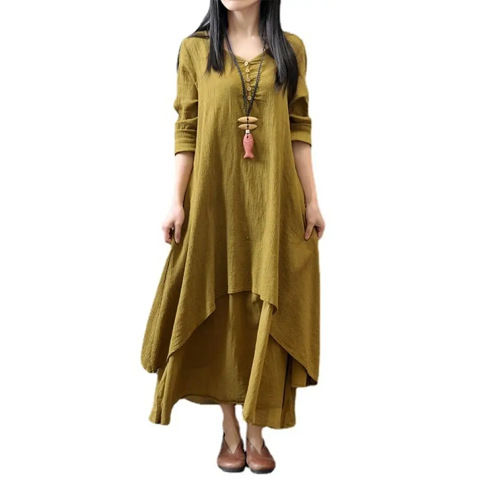 Womens Vintage Cotton Linen Long Dress Fake Two Piece Design Elegant V Neck Loose Casual Maxi Gowns Breathable Spring Outfit