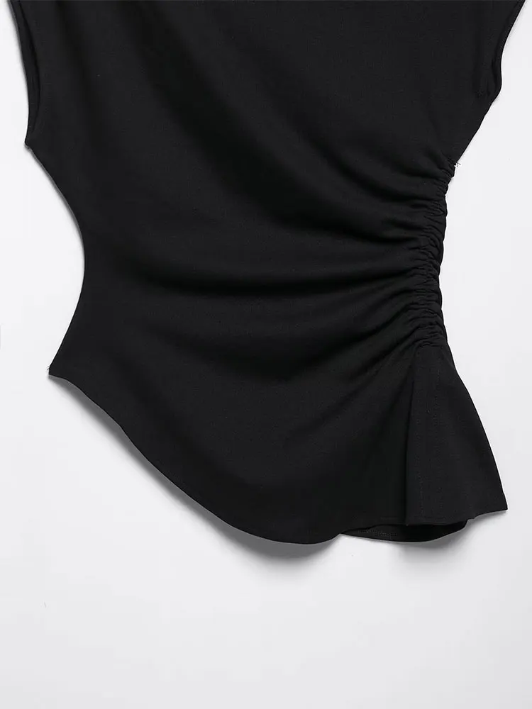 Nlzgmsj 2025 قطع علوية نسائية صيفية مكشكشة غير متماثلة قطع علوية قصيرة غير رسمية بدون أكمام ملابس الشارع الشهير