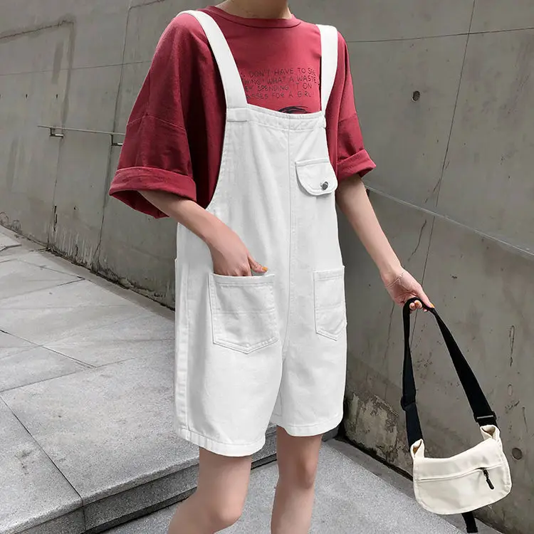 

Braces Pants New Korean Version Of Denim Bib Female Summer Students Loose Plus Size Wide-Leg Pants Age-Reducing Siamese Shorts