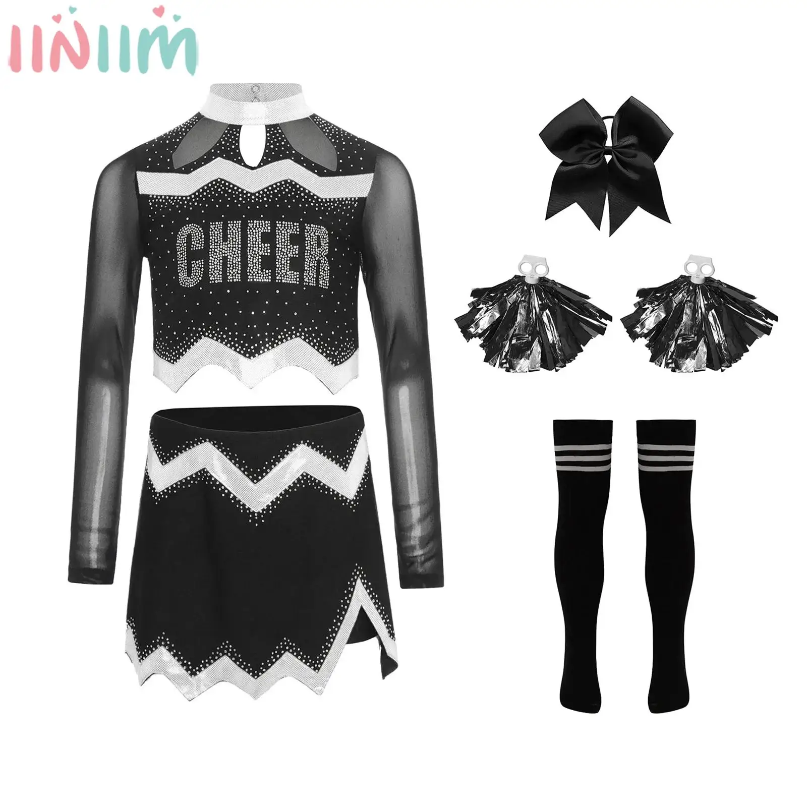 

Children Girls Cheerleading Outfit Crop Top with Leotard Skirt Hair Ties Socks Hand Flowers for Halloween Carnival School Show