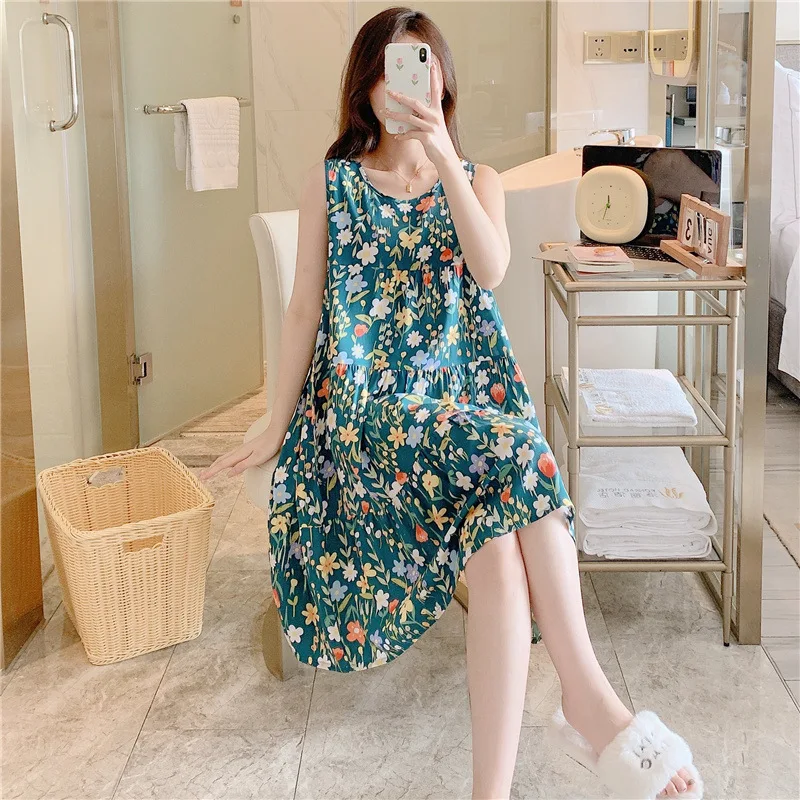 Summer Tank Top Dress Elegant Women\'s Nightgowns Thin Sleeveless Cotton Rayon Home wear Loose Printing Thin Nightdress