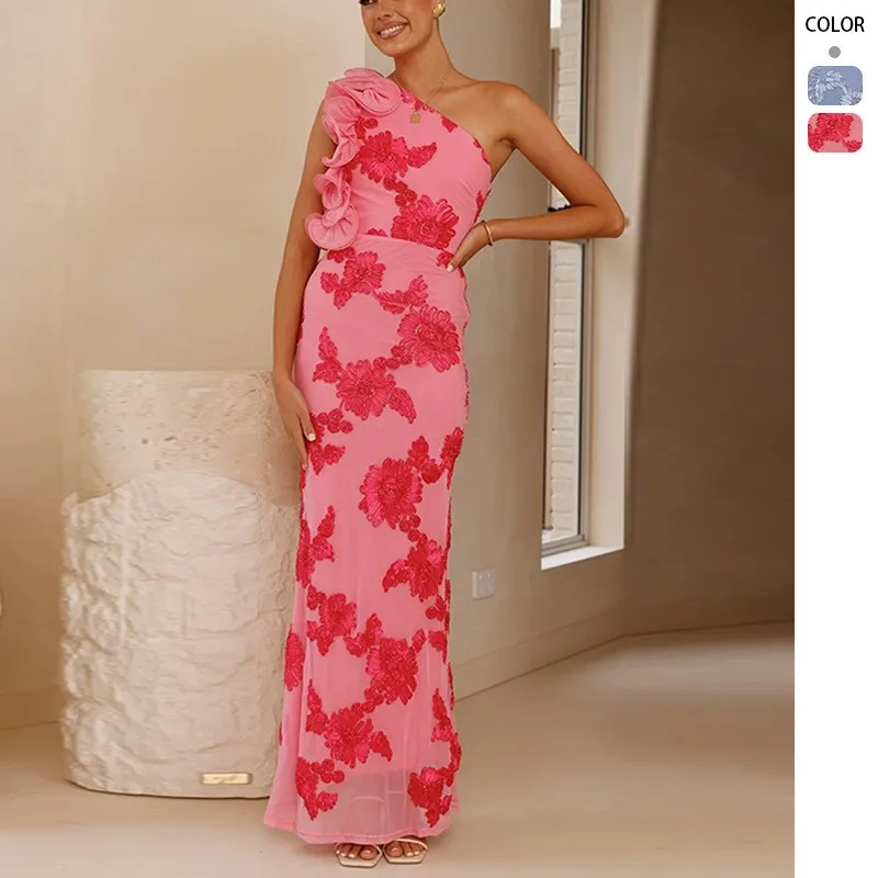 Elegant Party Dress Spaghetti Strap Floral Print Dresses High Waist Maxi Dress Sheer Overlay Pink Blue Wedding Guest Evening