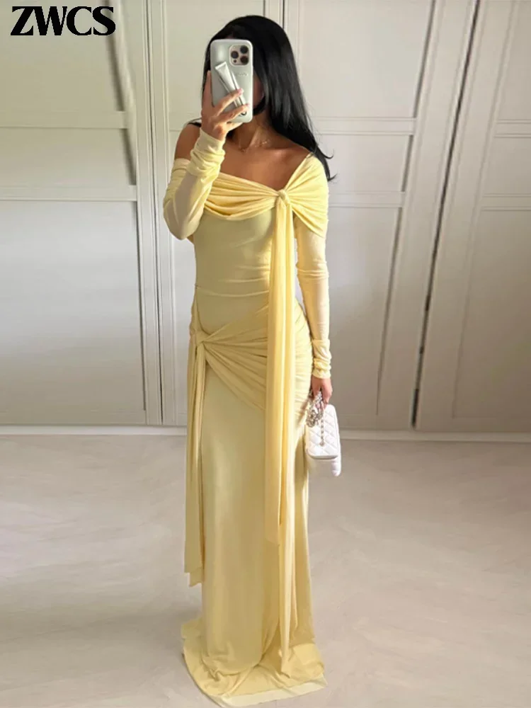 Yellow Pleated Off-shoulder Ribbon Dress Women's Sexy Lace Up Full Sleeve Bodycon  Dresses 2025 Autumn New Elegant Party Vestidos - AliExpress 200000345