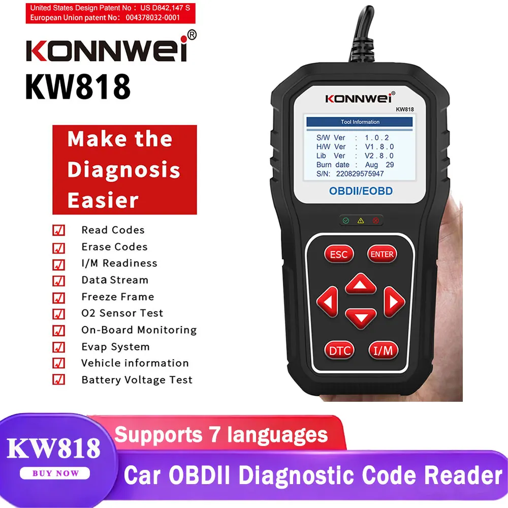 KONNWEI KW818 autós OBD2 szkenner akkumulátor teszter hibakód olvasó ellenőrző motor lámpa diagnosztikai eszköz OBDll kompatibilis