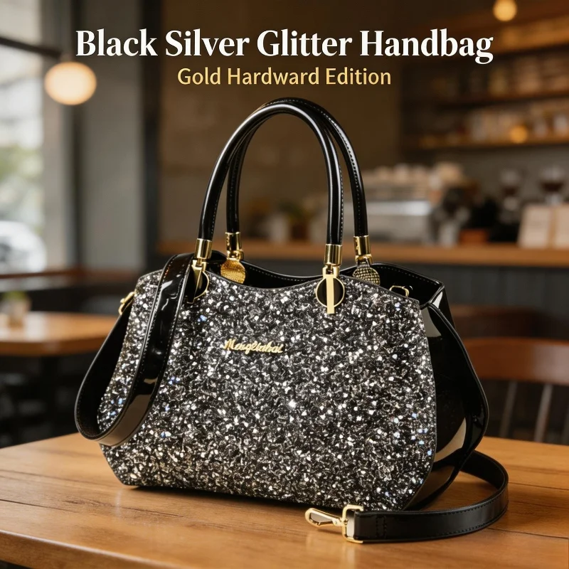 Women Glitter Sequin Handbag Patent Leather Splicing Metal Hardware Top Handle Detachable Strap Evening Party Shoulder Purse