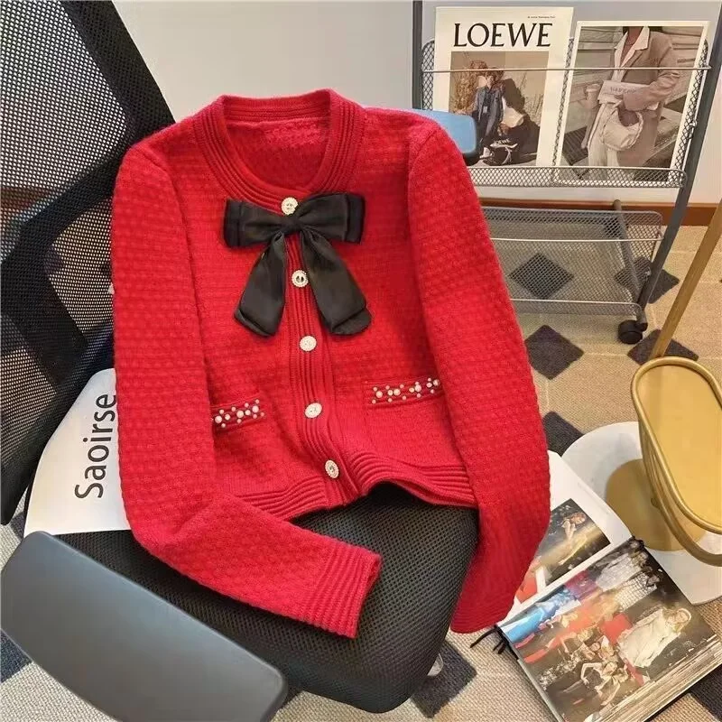 Cardigans Women Women Clothing Outerwears Cardigan Sweater Coat Women's Autumn and Winter new red bow Beaded Knit Coat Jacket