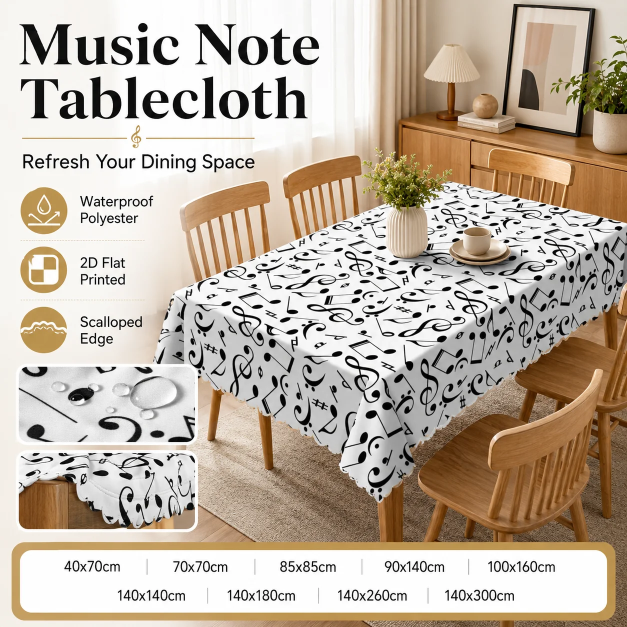 

Black White Music Note Tablecloth Waterproof Polyester 2D Flat Printed Table Cover Scalloped Edge For Dining Room Spring Summer