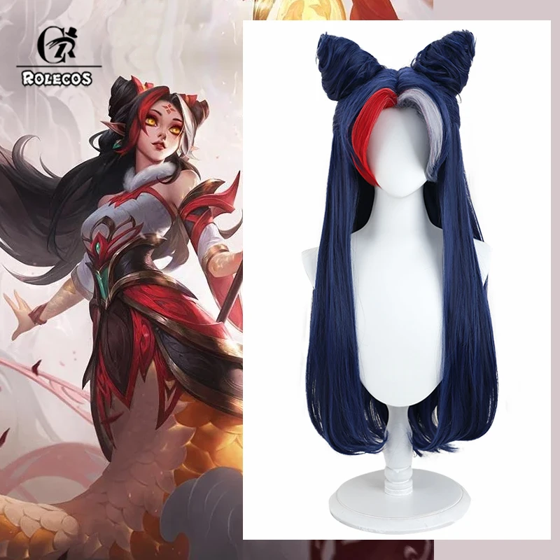 

ROLECOS Synthetic Hair Game LOL Mythmaker Nami Cosplay Wigs With Buns Halloween 75cm Long Dark Blue Mixed Wig Synthetic Hair
