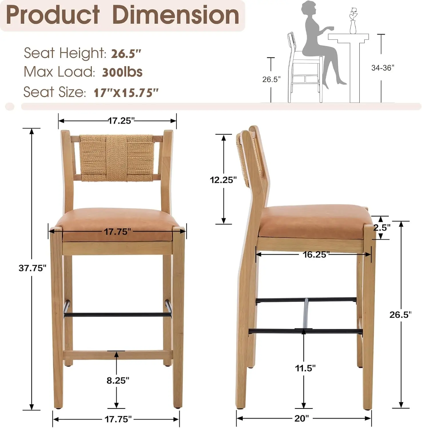 Rattan Counter Height Bar Stools Set of 2, 26