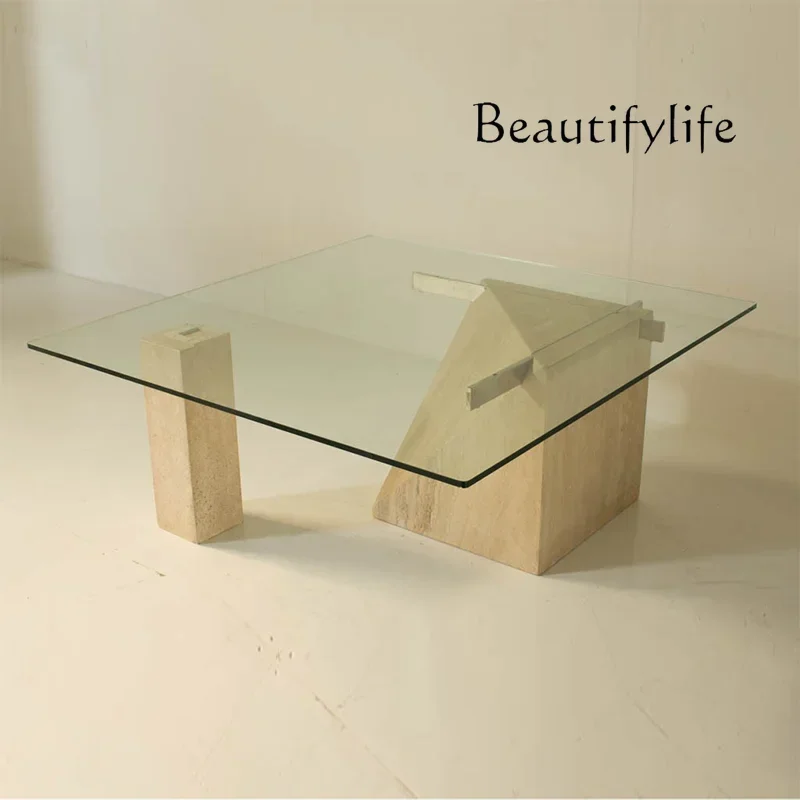 New Natural travertine marble coffee table Modern simple tempered glass tea table Small apartment coffee table