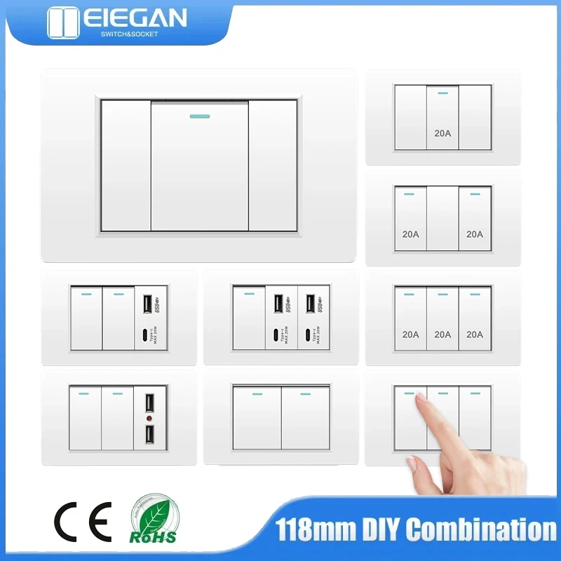 

A18 EU BR US Standard 1/2/3/4/5 Gang 2/3 Way Wall Light Switch 20A PC Panel Button Power Rocker Switch