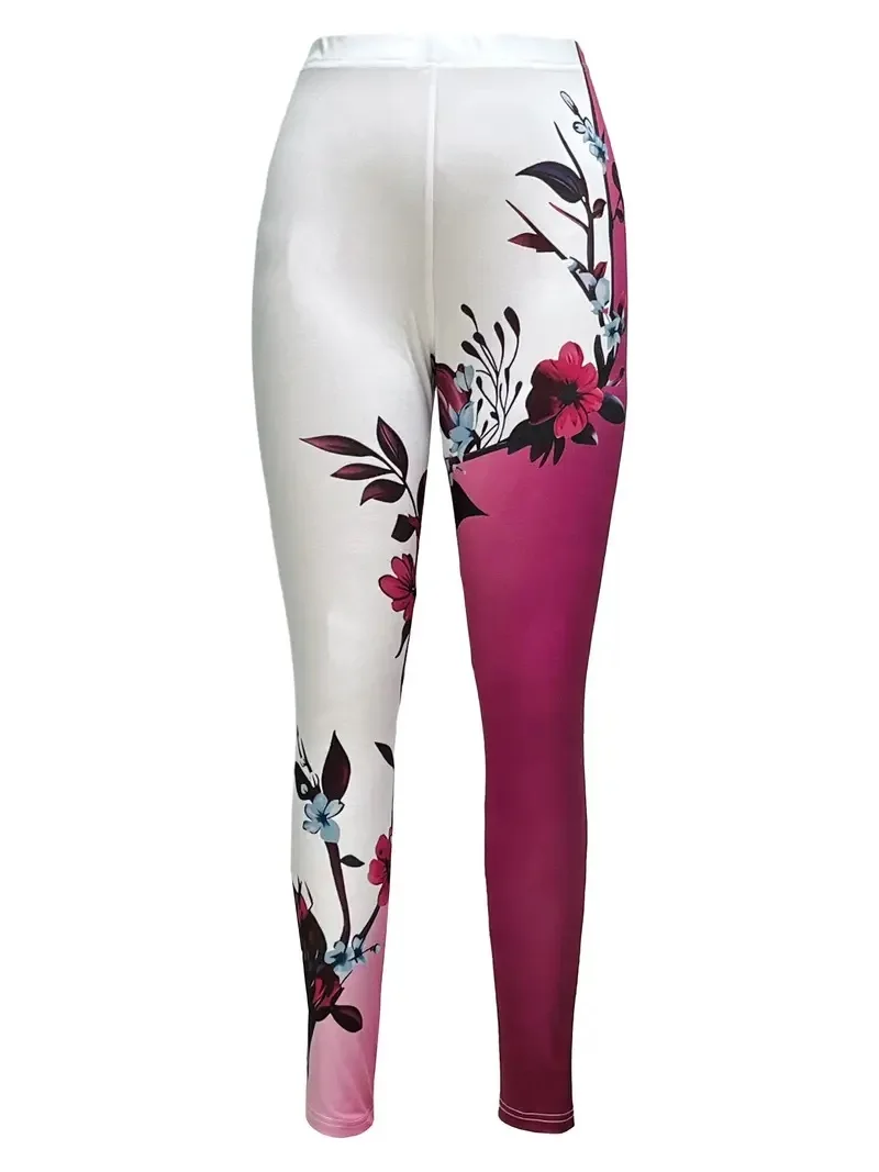 Patchwork floral print tight stretch elastic waist casual leggings for women