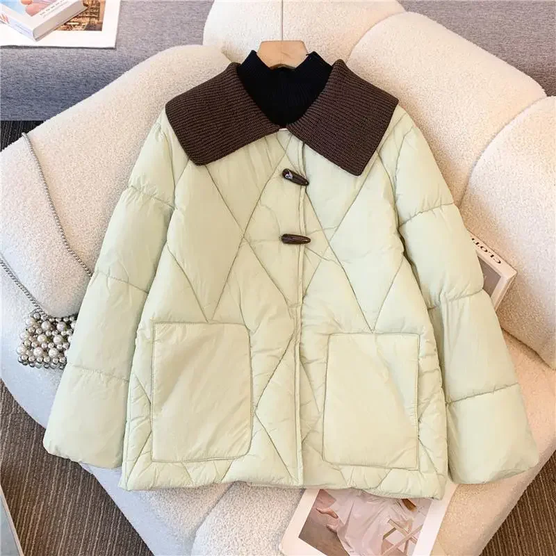 New Korean Style Fragrance Short Cotton-Padded Jacket Contrast Color Diamond Check Design Lapel 2025 Winter Cotton-Padded Jacket