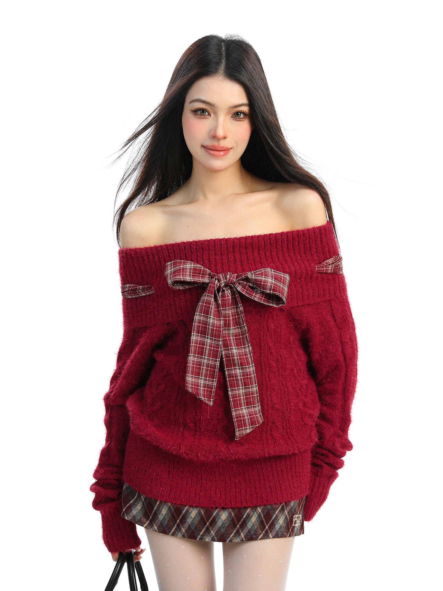 

Красный свитер с одним открытым плечом для женщин, осенне-зимний, мягкий, новогодний, повседневный, свободного кроя, с длинными рукавами, вязаный свитер