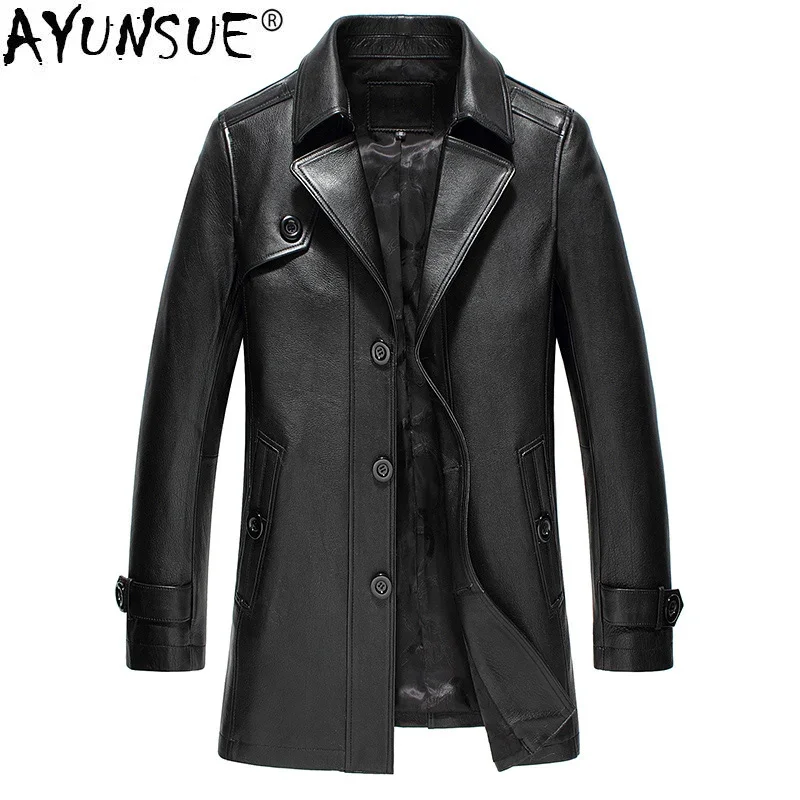 

AYUNSUE Genuine Cow Leather Jacket Men Autumn Cowhide Leather Coats Men Long Windbreaker Moto Chaqueta T-17-2355 KJ1615