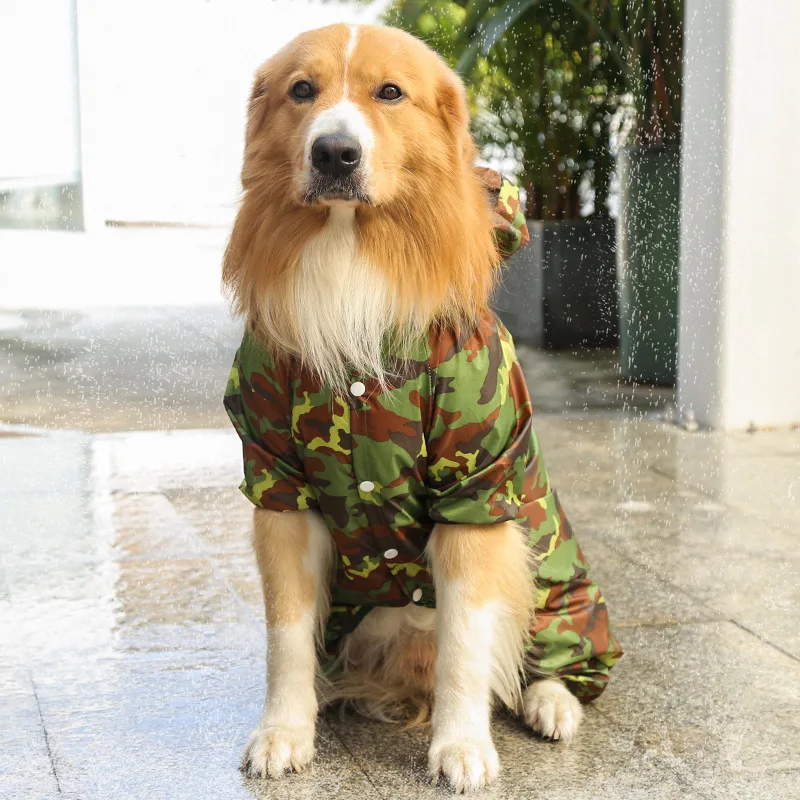 Large Dog Rain Coat with Leash Hole Camouflage Lightweight Rainproof Hoodie Clothes for Golden Retriever Alaskan Malamute Husky