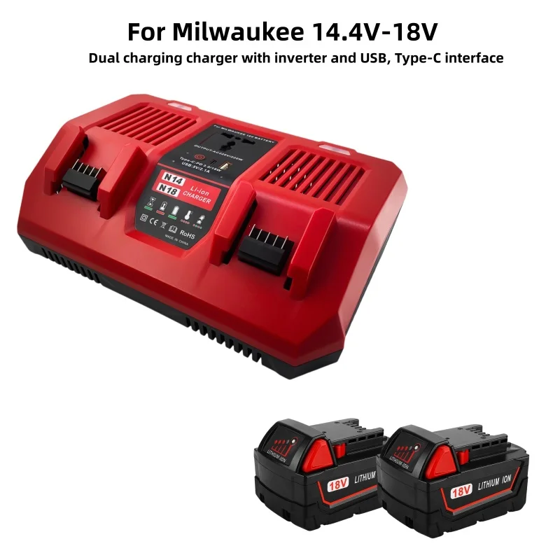 

Victpower For Milwaukee M18 6A Dual Port Fast Charger With Inverter USB Port Simultaneous Charging for 2 Lithium Batteries