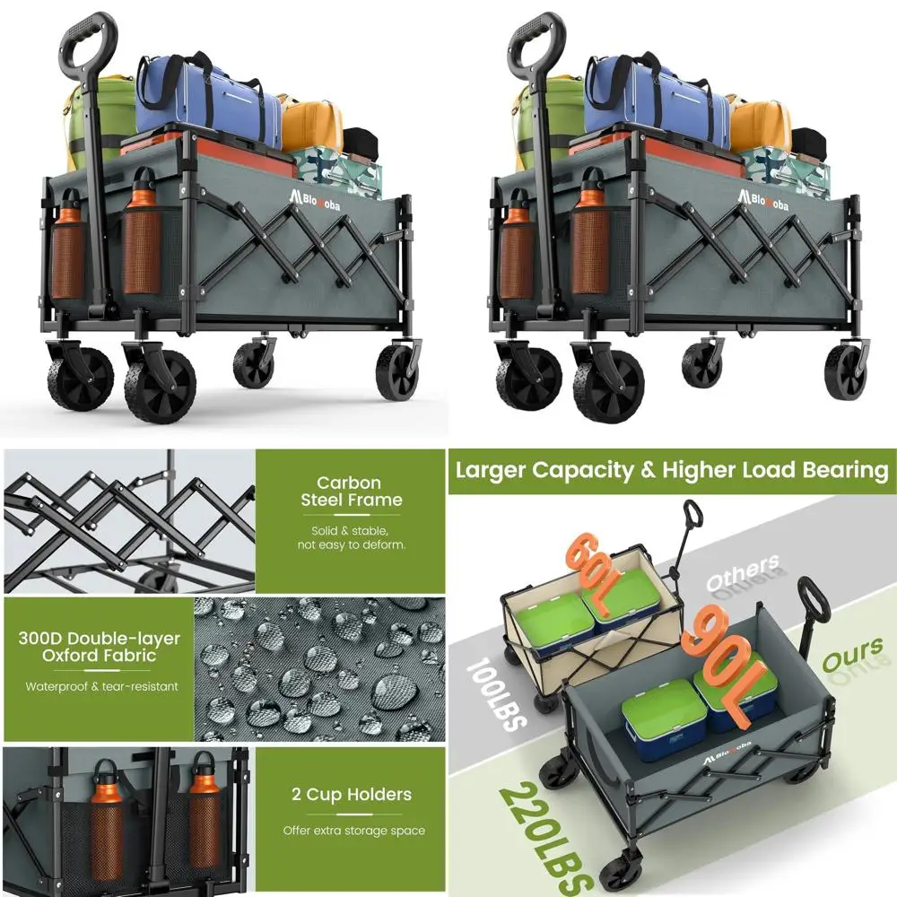 

Folding Utility Wagon with Flexible Handle, 220 lbs Capacity, Lightweight and Portable for Grocery Shopping, Sports, Gardening,