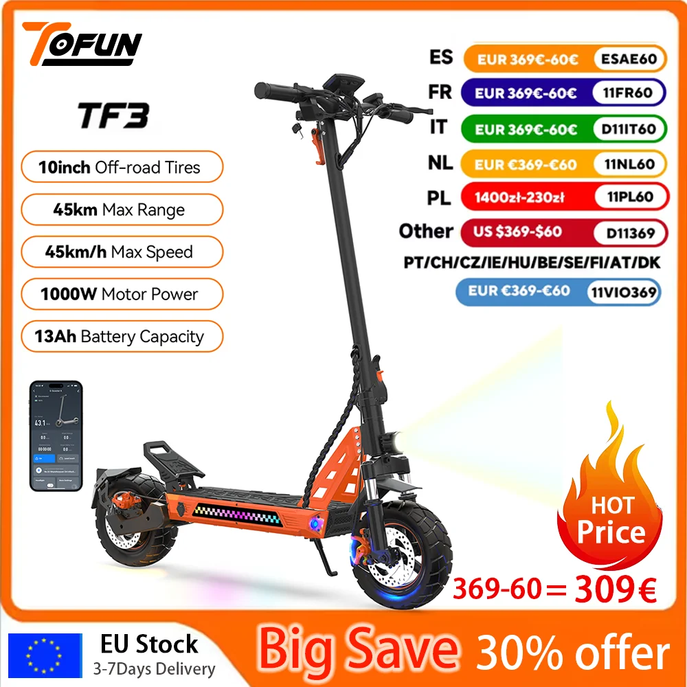 TOFUN TF3 Scooter électrique 1000W moteur 48V13Ah batterie adulte Sport route montagne e-scooter 10 pouces pneus neige pliable EScooter