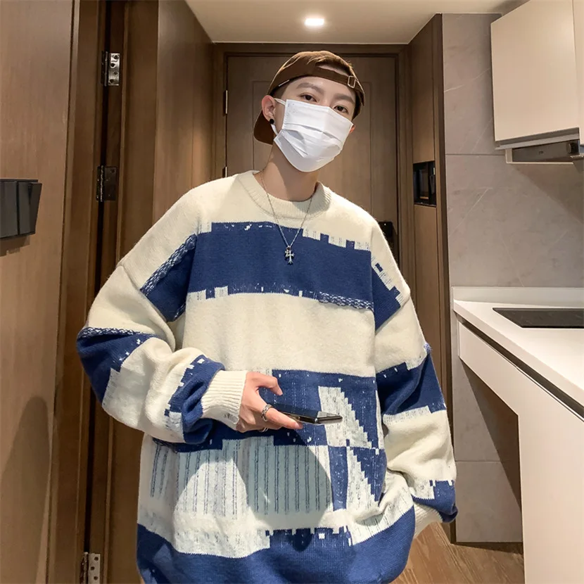 

Loose Fit Long Sve round Ne Pullover Knitwear Men's Casual Spring Autumn Stripe Pattern Faionable Vintage Hong Kong St...