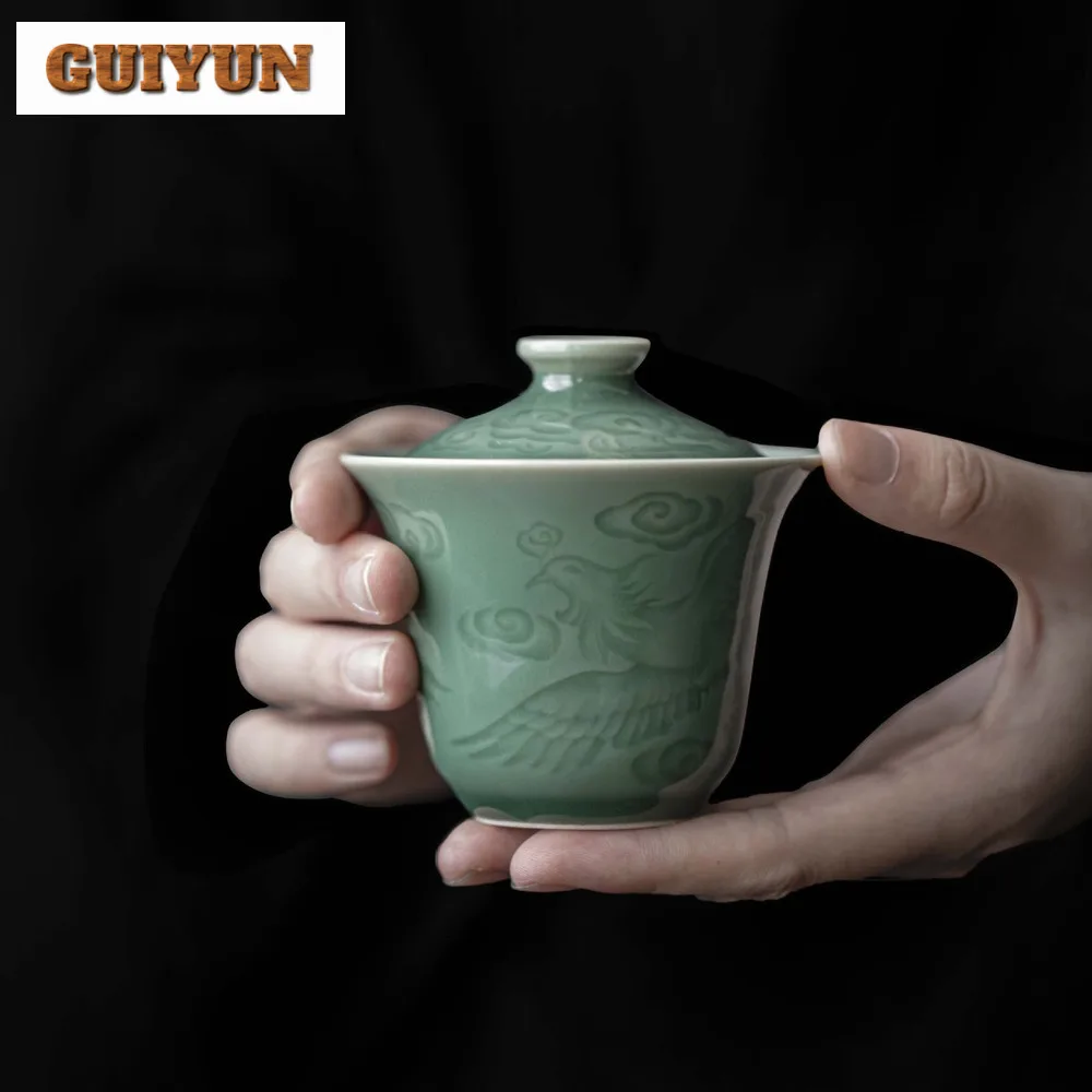 100ml Antique Celadon Hand Grabbing Gaiwan Relief Phoenix Anti Scalding Tea Tureen Tea Maker Cover Bowl Chinese Tea Set Craft