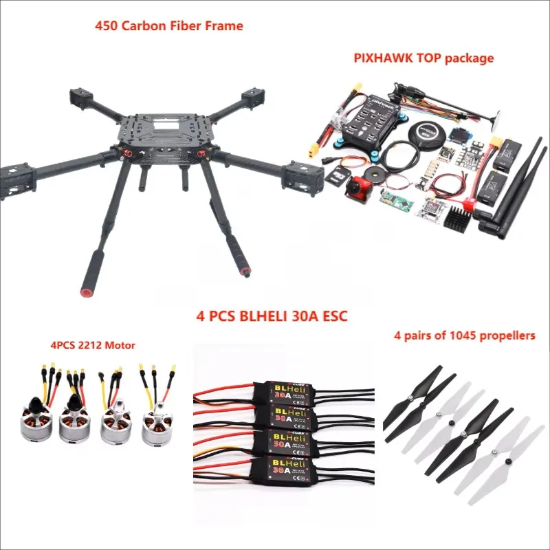 Cadre de support 450 en fibre de carbone, contrôle de vol PIXHAWK + quadrirotor de télémétrie sans fil, moteur BLHELI 30A ESC 2212 avec train d'atterrissage