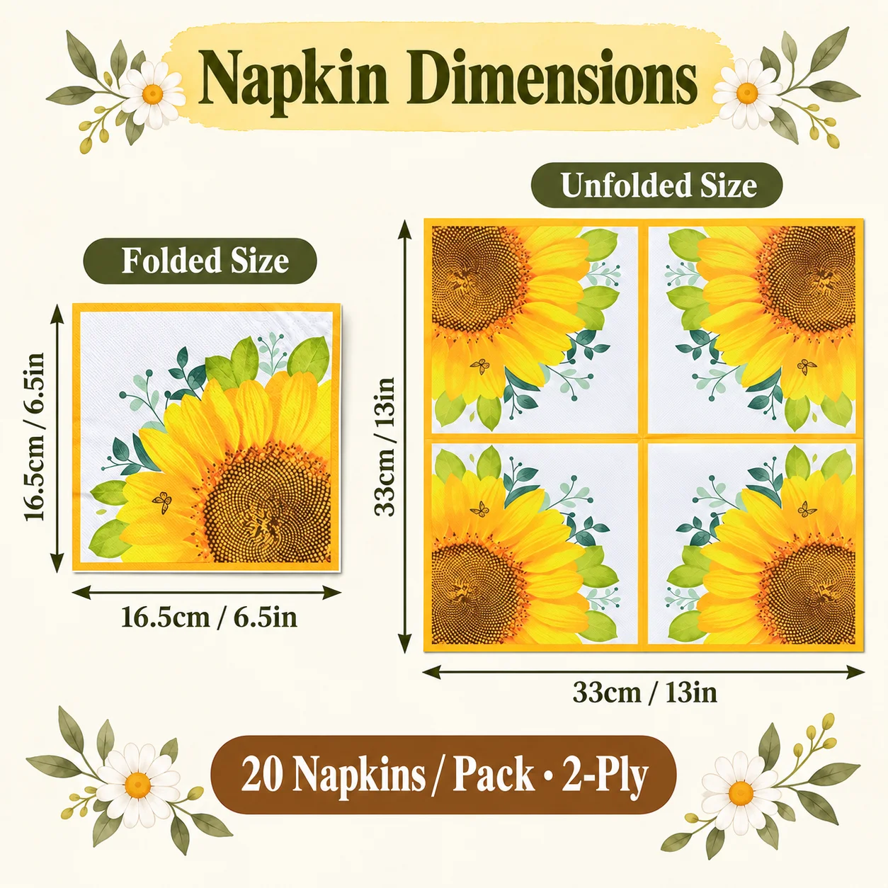20pcs Sunflower Butterfly Paper Napkins 2-Ply 33x33cm Floral Napkins for Party Dinner Tea Table Decoration