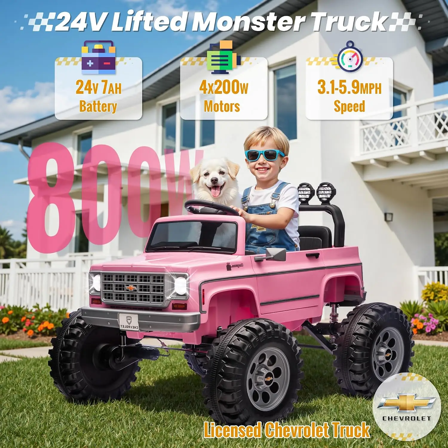 24V Ride on Car, Licensed Chevrolet Cheyenne Truck w/800W Motors, Remote Control, Decoration Streamer, 24 Volt Ride on Toys Powe