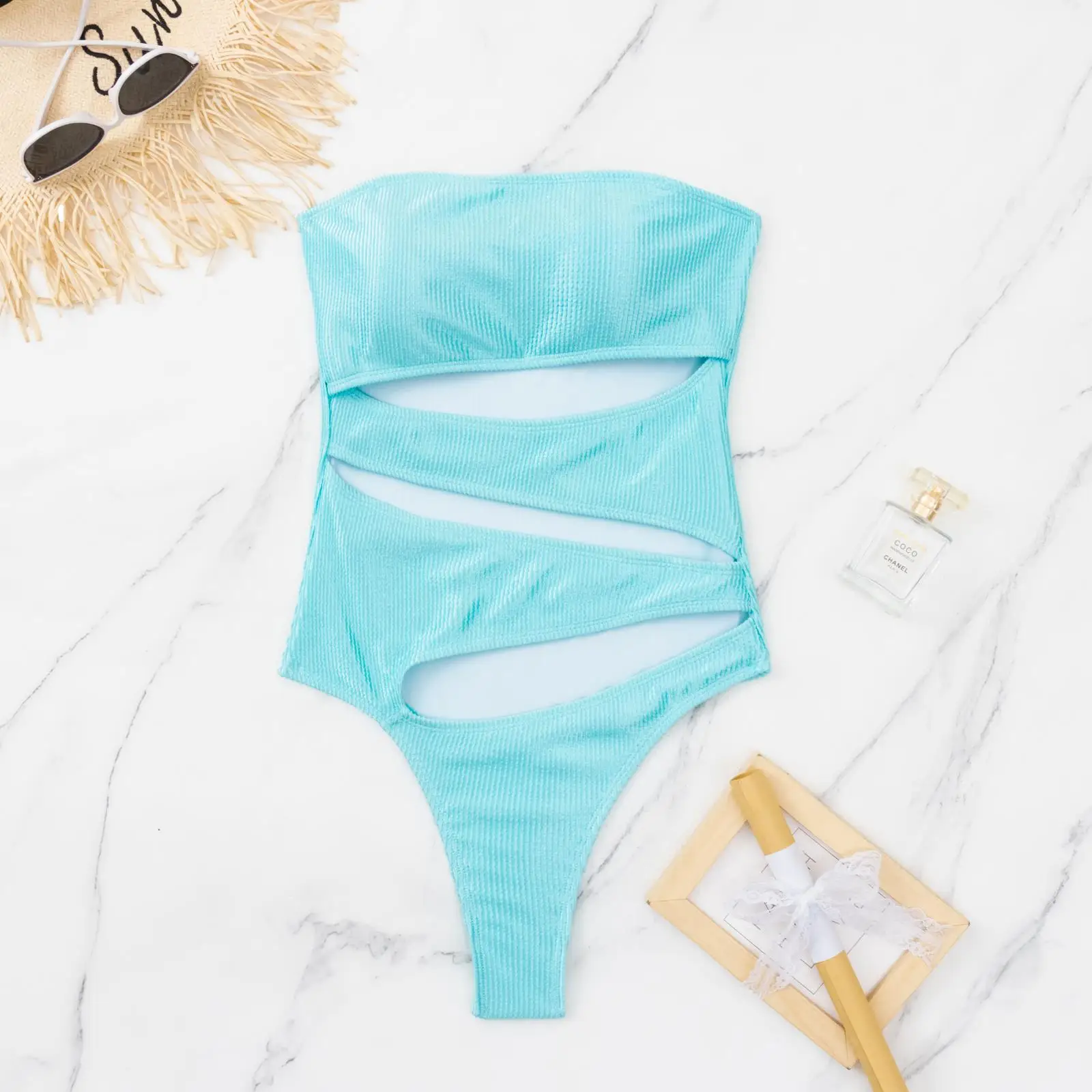 2024 Cut Out One Piece Swimsuit Women Swimwear Monokini Bandeau Bodysuit Blue Green Swimming Bathing Suit Thong Beachwear Summer