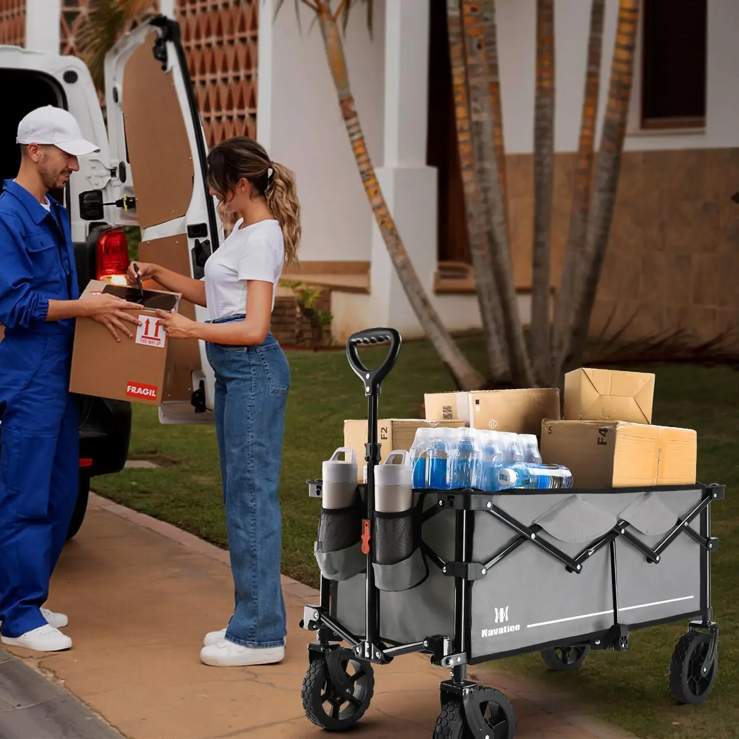 Vagón plegable, carrito de servicio pesado con dos soportes para bebidas, carro de comestibles utilitario