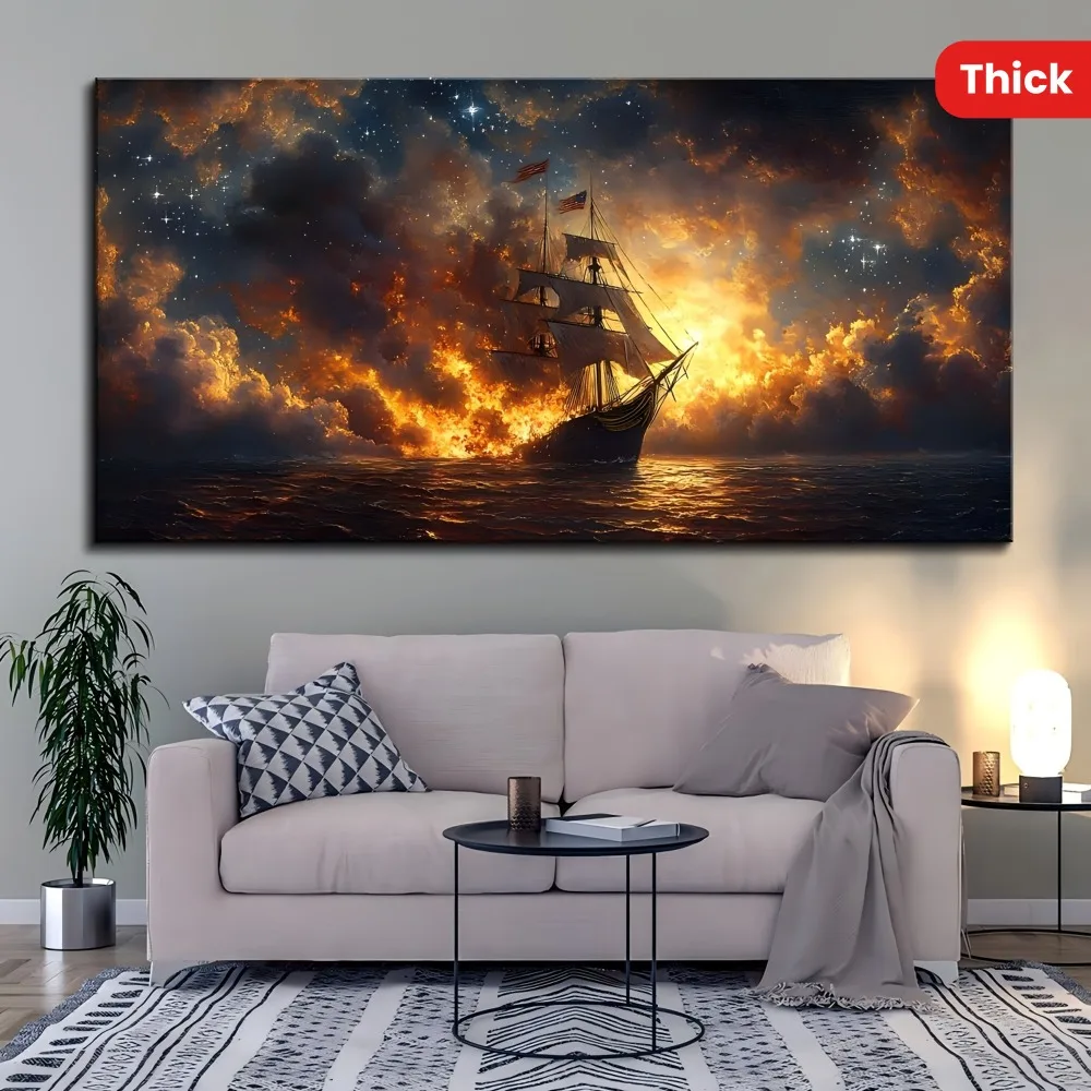 

1.5 inch thick pine solid wood frame,battleship poster burning on calm sea,office wall decoration, home and dormitory decoration