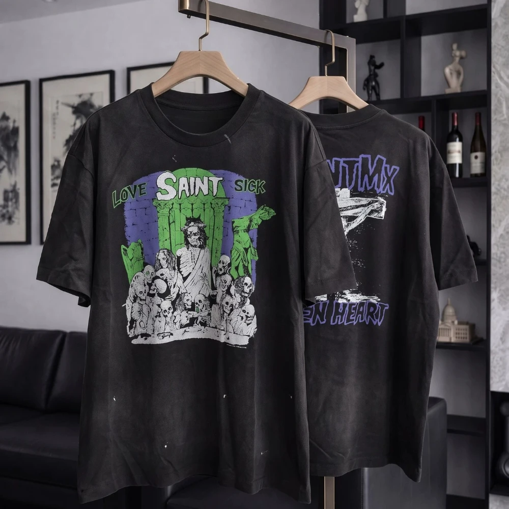 Yao Fashion Streetwear Hip Hop Tops Saint Tee New Vintage Kanye West Hip Hop Splashing ink skull T-shirt For Men Clothing